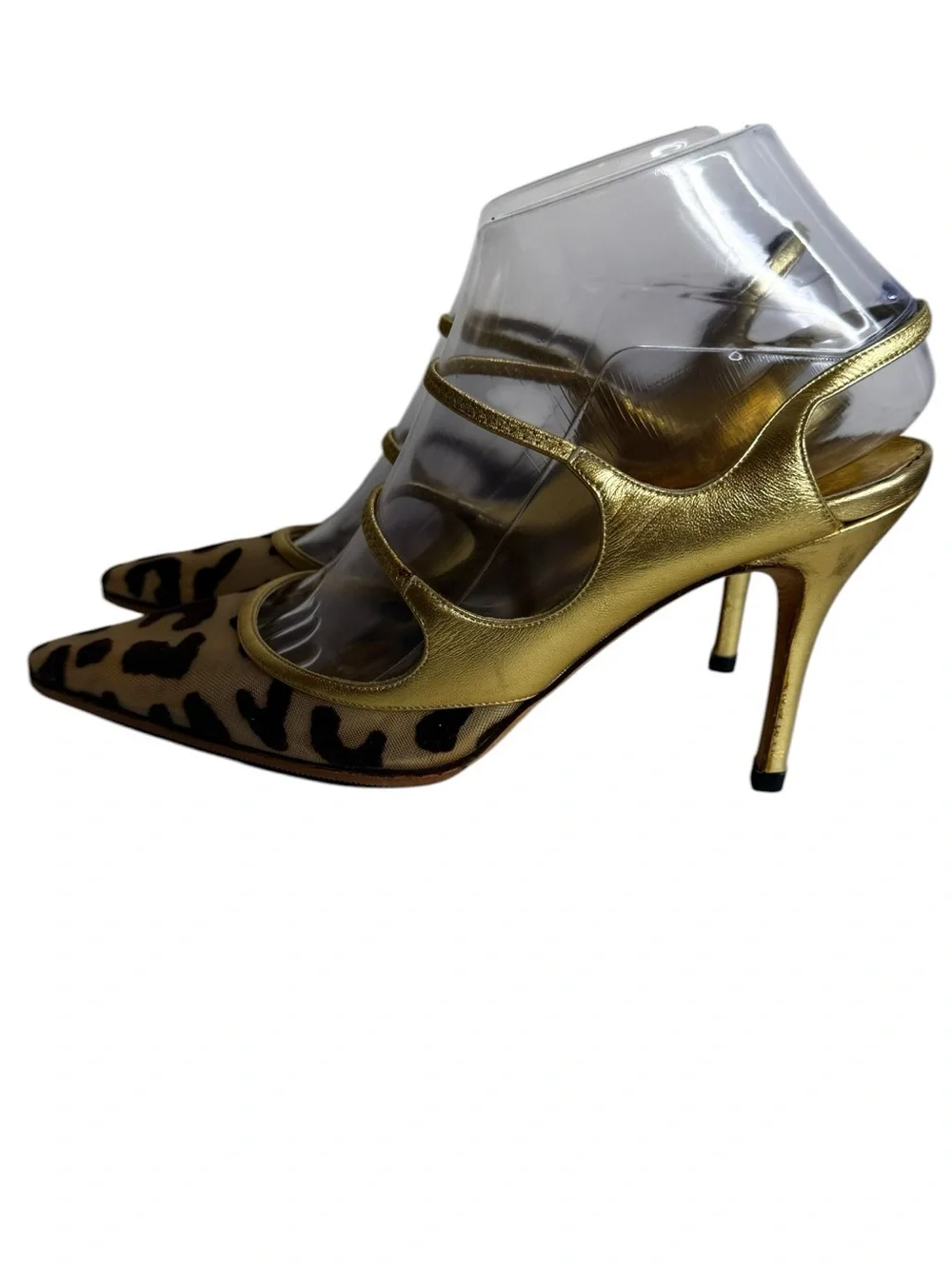 Manolo Blahnik Gold Metallic & Leopard Print Pumps Pointed Toe Heels Size 38